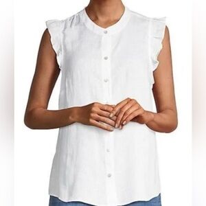 Lilly Pulitzer White 100% Linen Sleeveless Ruffle Cap Button Down Blouse Sz XL